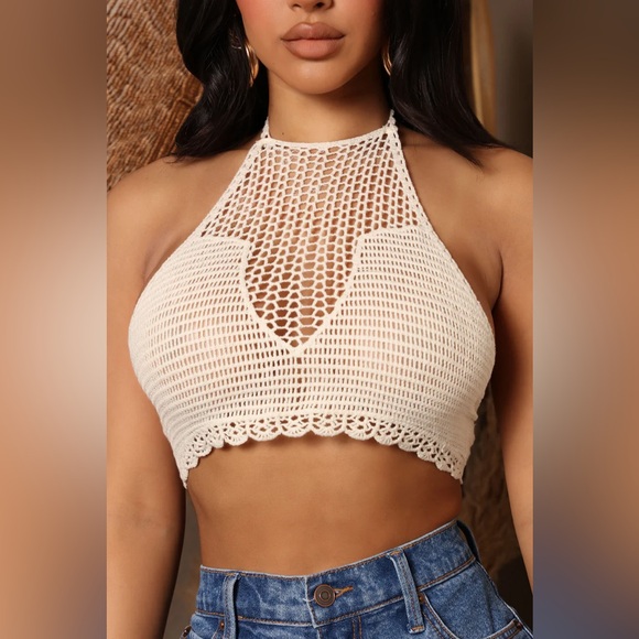 Fashion Nova - Crochet All Day Halter Top - Cream - Picture 2 of 5